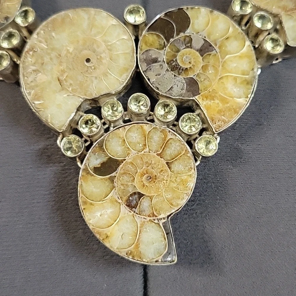 Chunky Boho Hippie Ammonite Fossil Shell Necklace with Citrine Accents - Picture 3 of 17